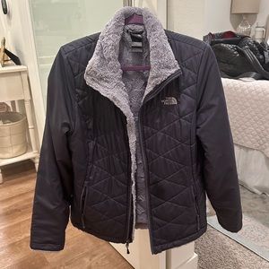 North face women’s size L reversible down insulated puff coat - gently used grey
